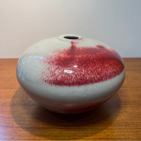 Vintage Studio Art Pottery Vase Signed 5” Redgrey Glossy Crackle Glaze MCM - Picture 10 of 12